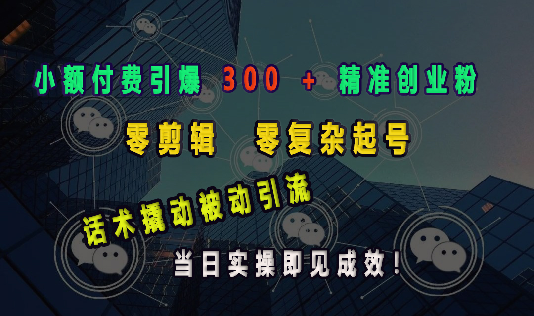 小额付费引爆 300 + 精准创业粉，零剪辑、零复杂起号，话术撬动被动引流，当日实操即见成效！-知一项目网