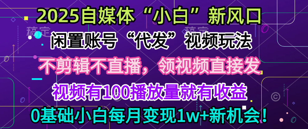 2025每月躺赚5w+新机会，闲置视频账号一键代发玩法，0粉不实名不剪辑，领了视频直接发，0基础小白也能日入300+-知一项目网