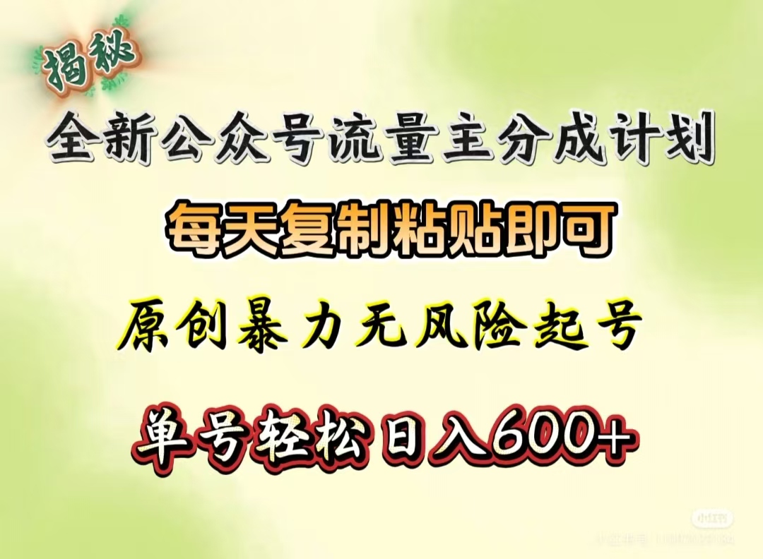 全新公众号流量主分成计划，每天复制粘贴即可，原创暴力起号无风险，单号轻松日入600+（揭秘）-知一项目网